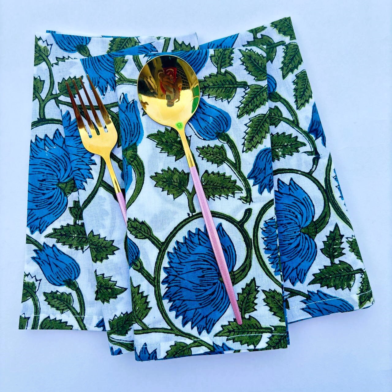 Hand Block Printed Cotton Napkins: White & Blue Floral Table Decor