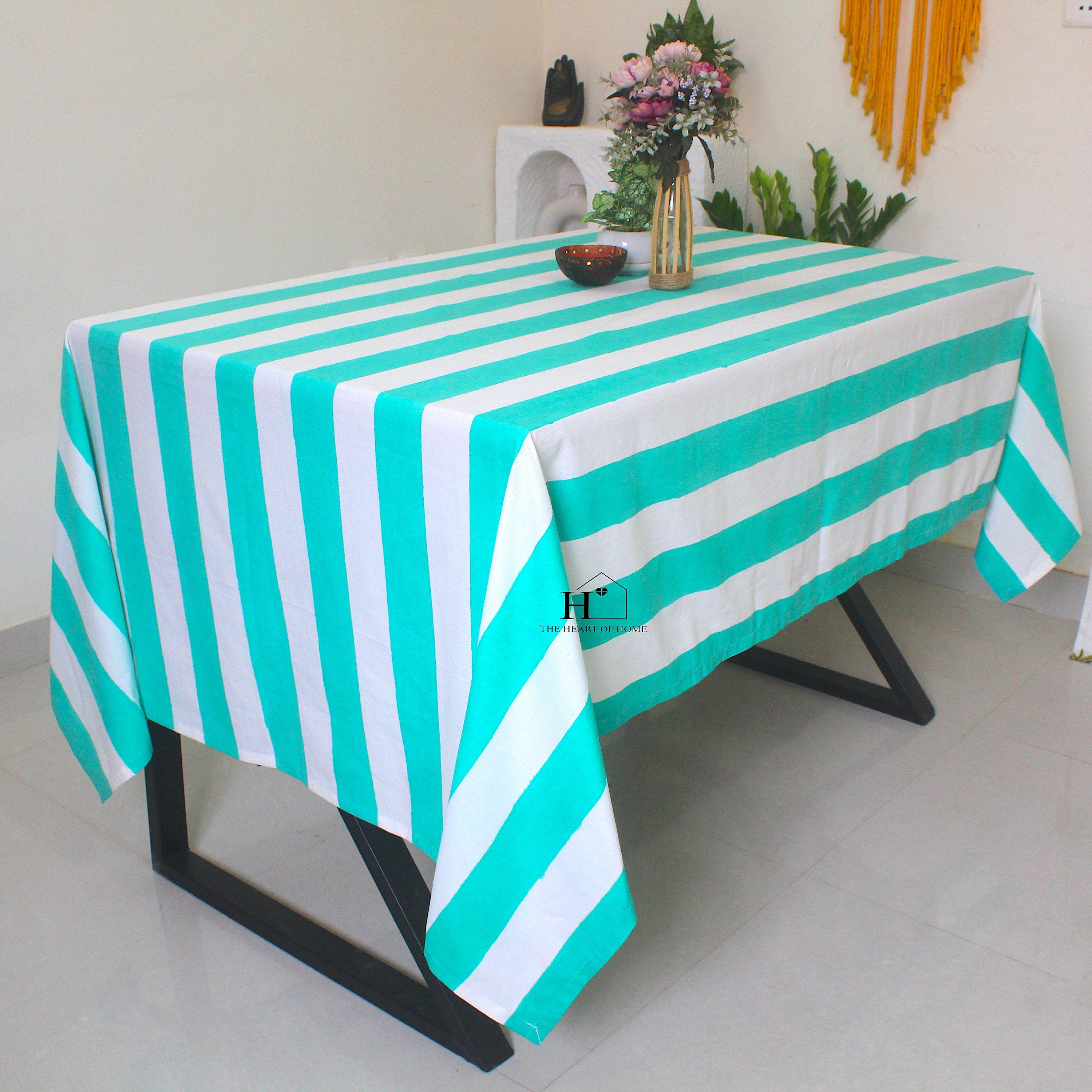 Hand-Block Stripe Cotton Tablecloth: Sea Green Waterproof Dining Table Cover