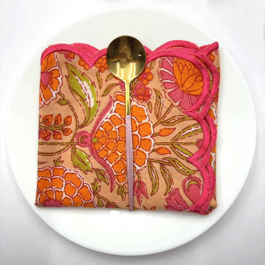 Orange Hand Block Printed Napkins: Embroidered Scallop Edge, Sustainable Cotton