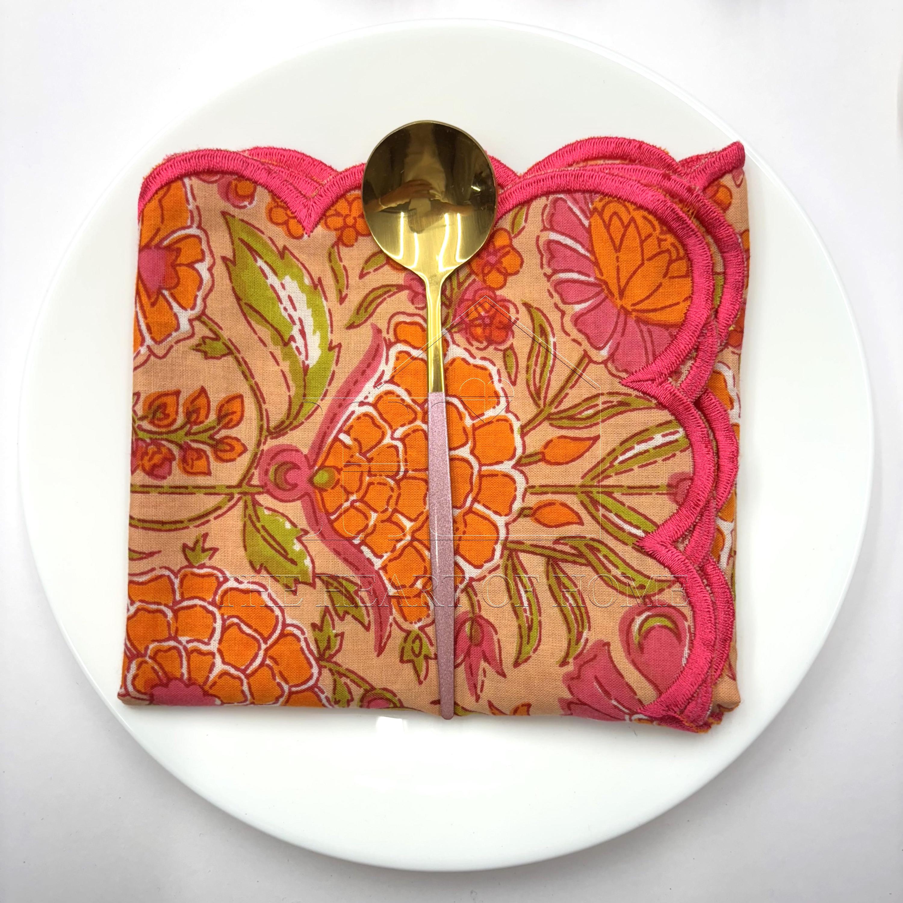 Orange Hand Block Printed Napkins: Embroidered Scallop Edge, Sustainable Cotton