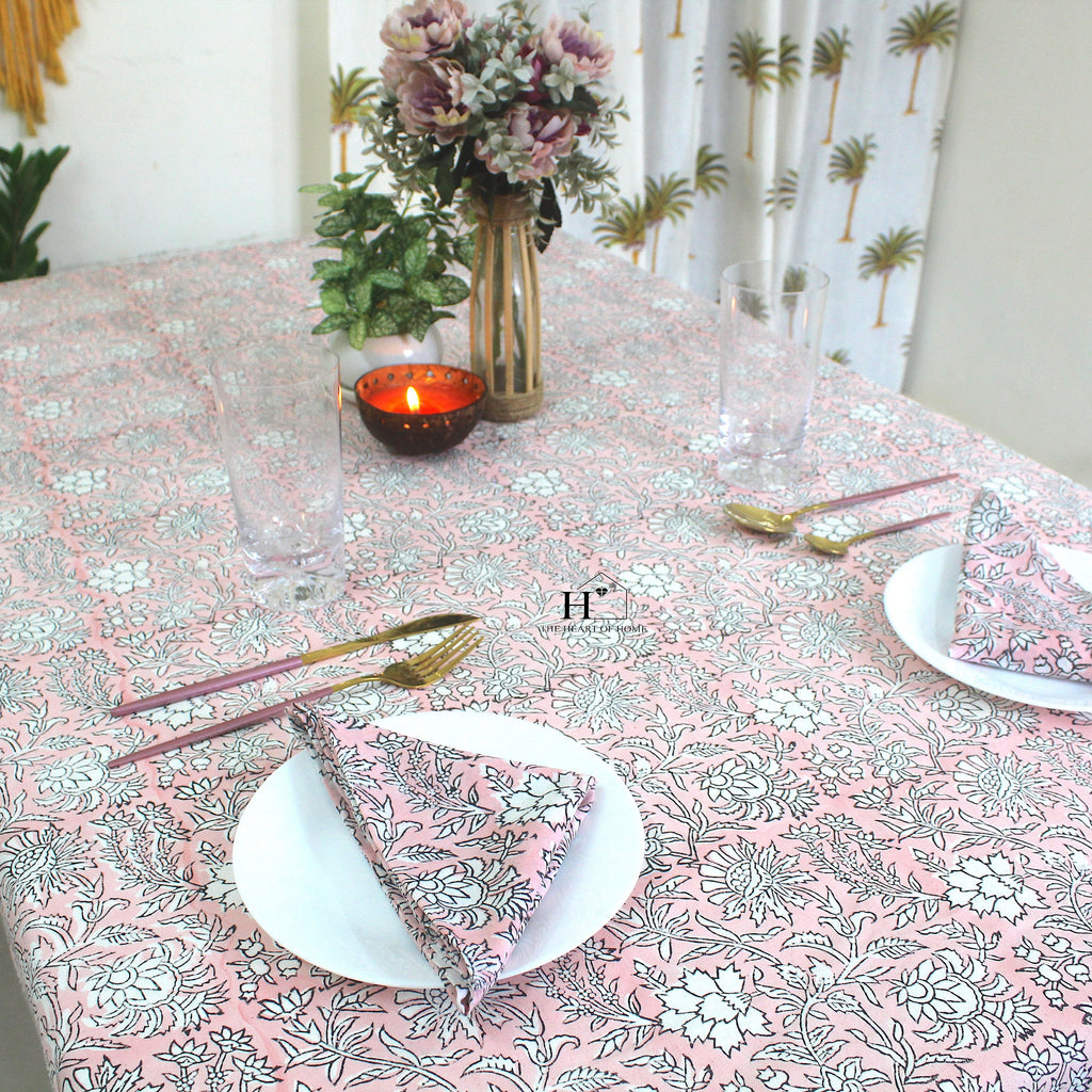 Pink Floral Block Print Cotton Tablecloth - Farmhouse Dining Cover