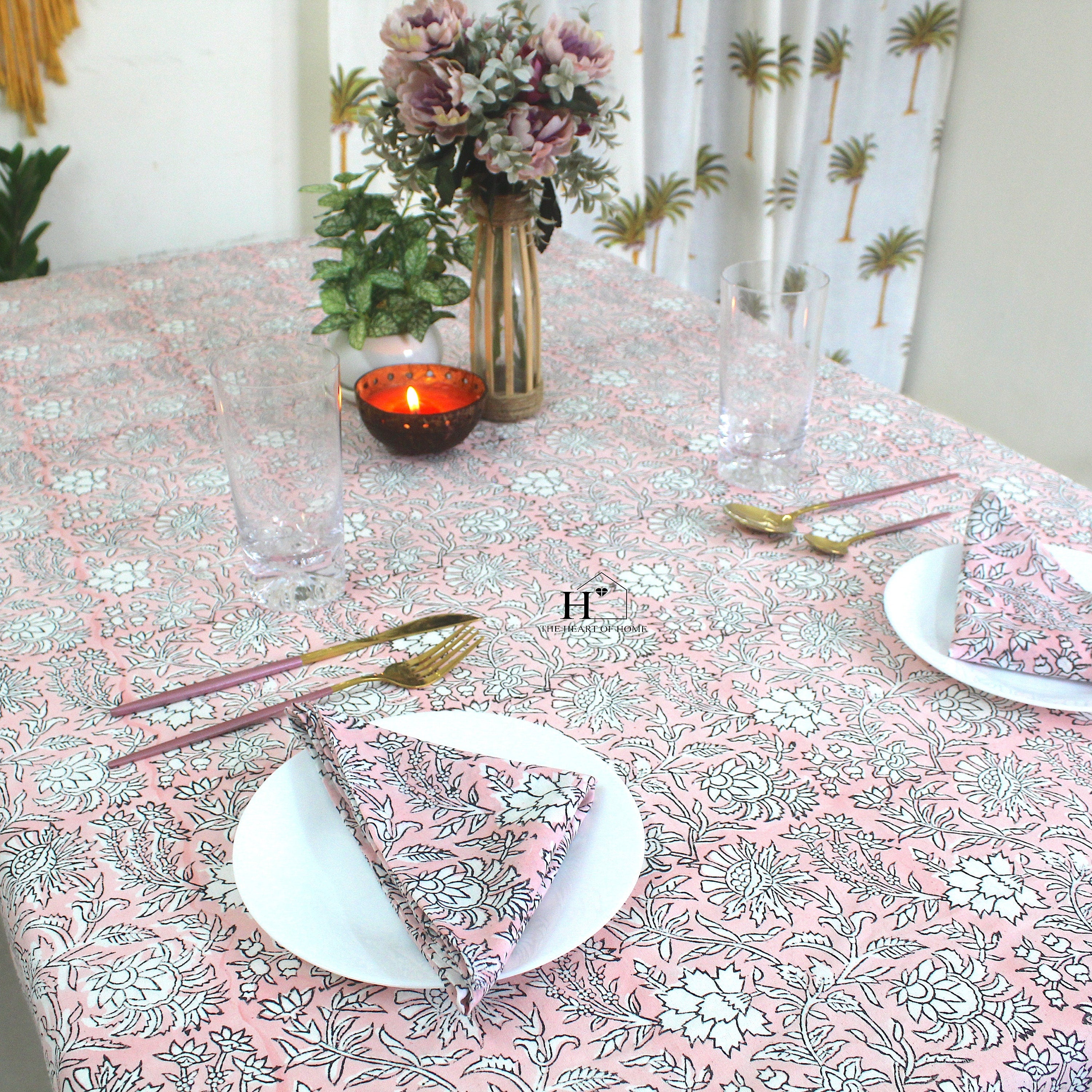 Pink Floral Block Print Cotton Tablecloth - Farmhouse Dining Cover