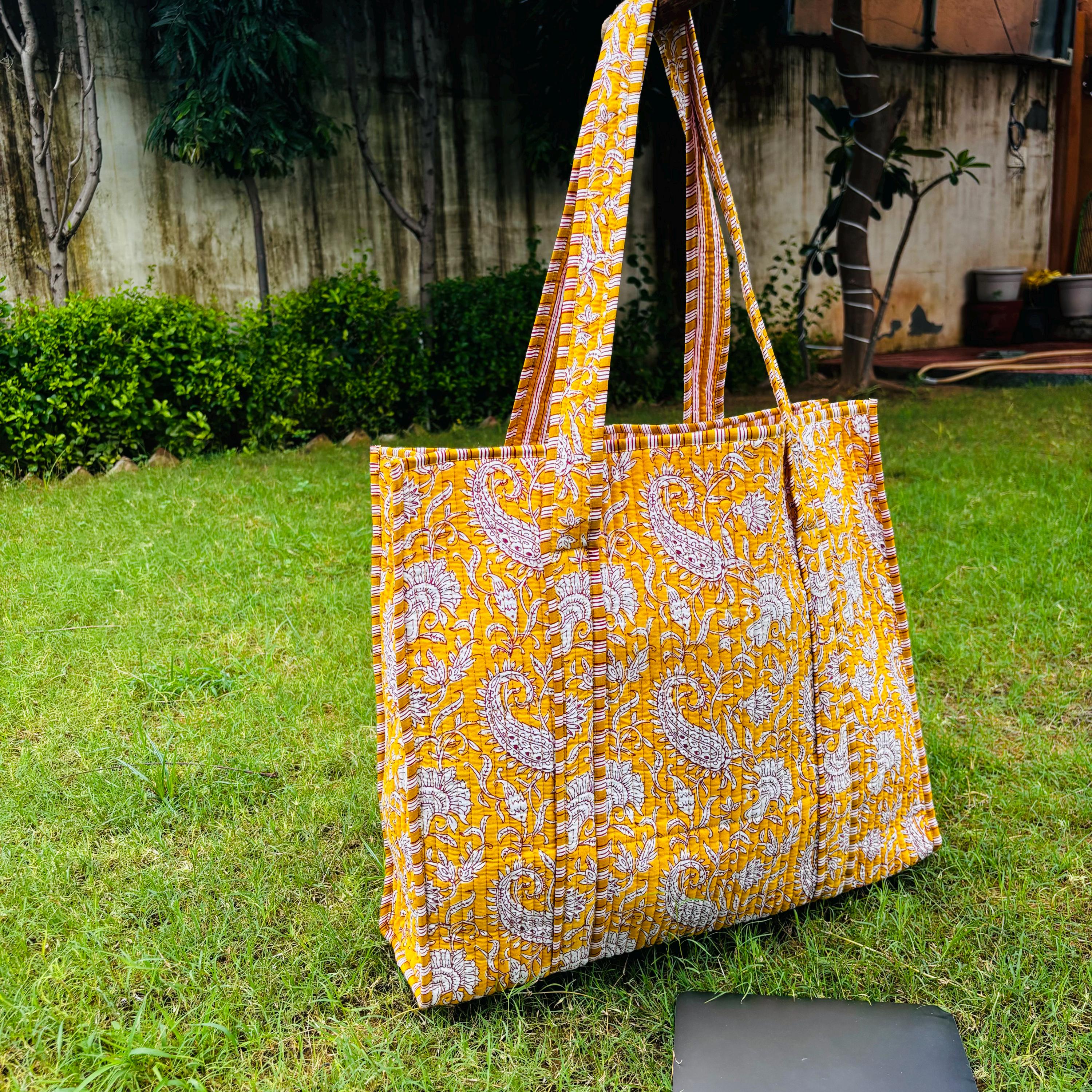 Multicolor Quilted Cotton Tote Bag: Handblock Print, Travel Friendly