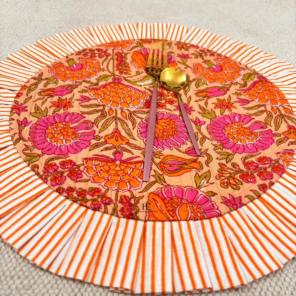 Handcrafted Orange Floral Quilted Placemat & Napkin Set: Indian Artisan Decor