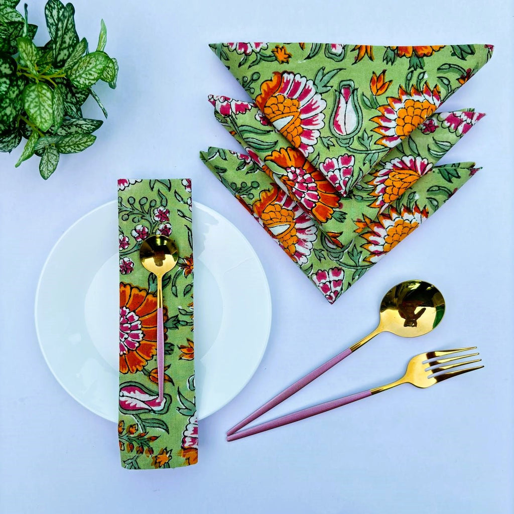 Hand Block Printed Cotton Napkins: Green & Orange Floral Table Decor