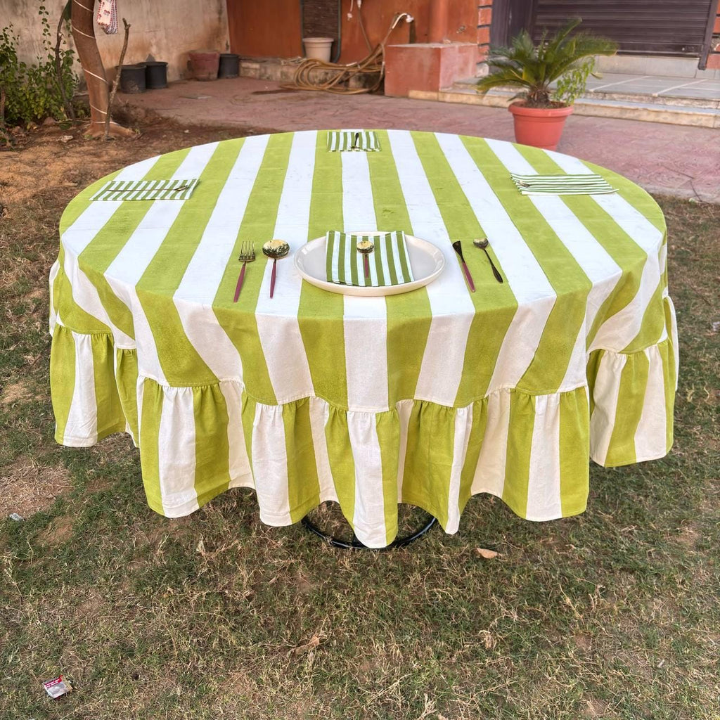 Light Green Stripe Table Cloth for Round Table hand block printed | christmas gift | wedding table deor