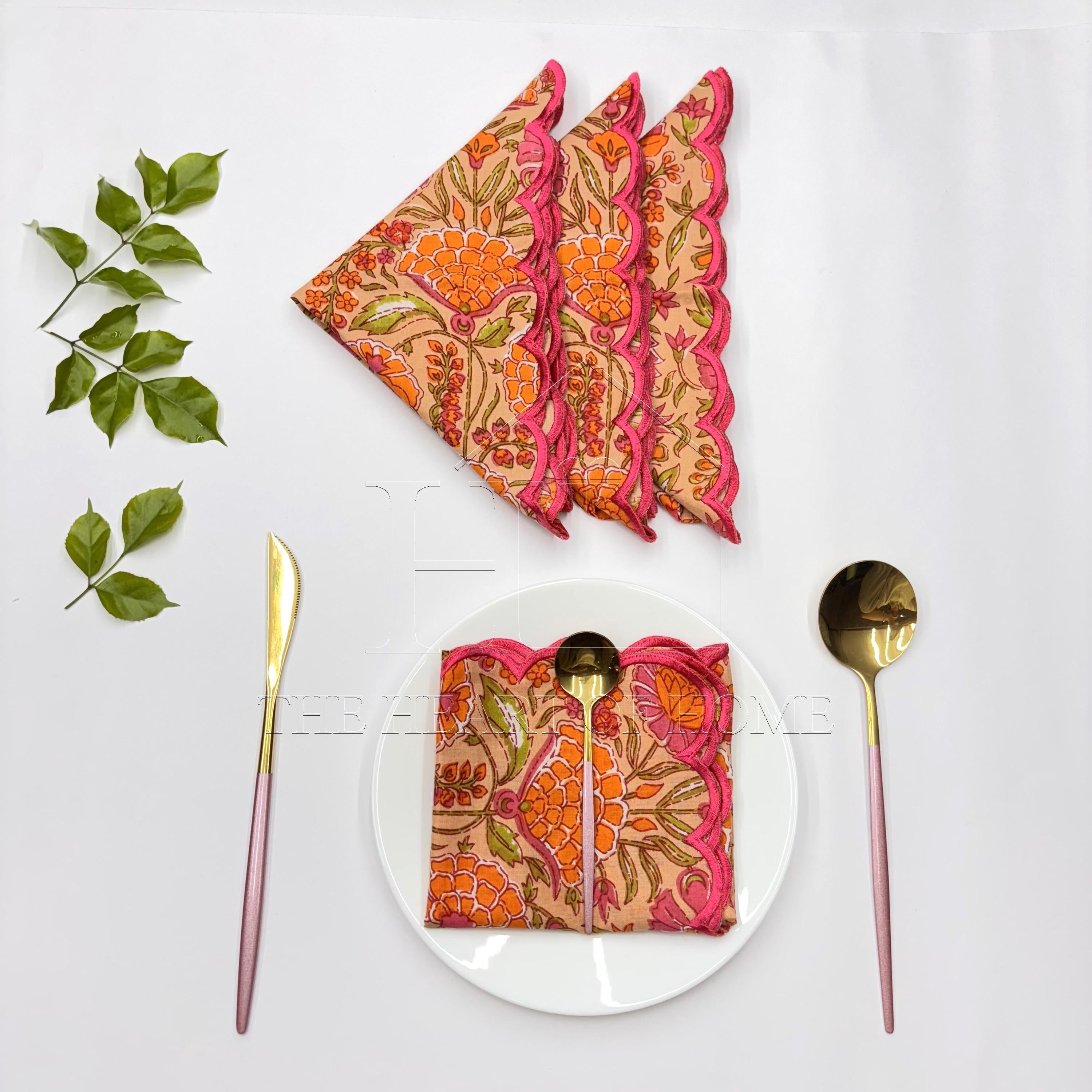 Orange Hand Block Printed Napkins: Embroidered Scallop Edge, Sustainable Cotton