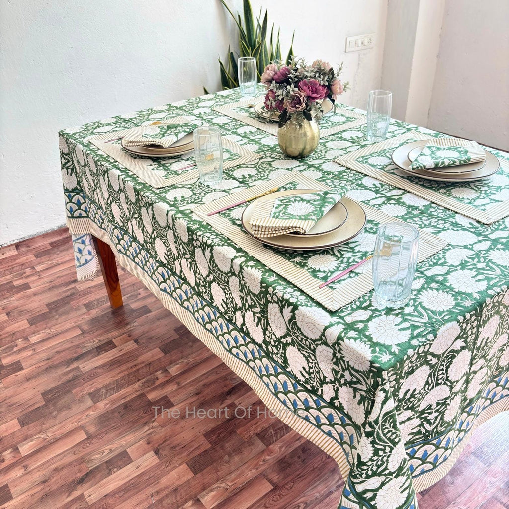 Green Floral Cotton Linen Tablecloth: Custom Sizes, Elegant Event Decor