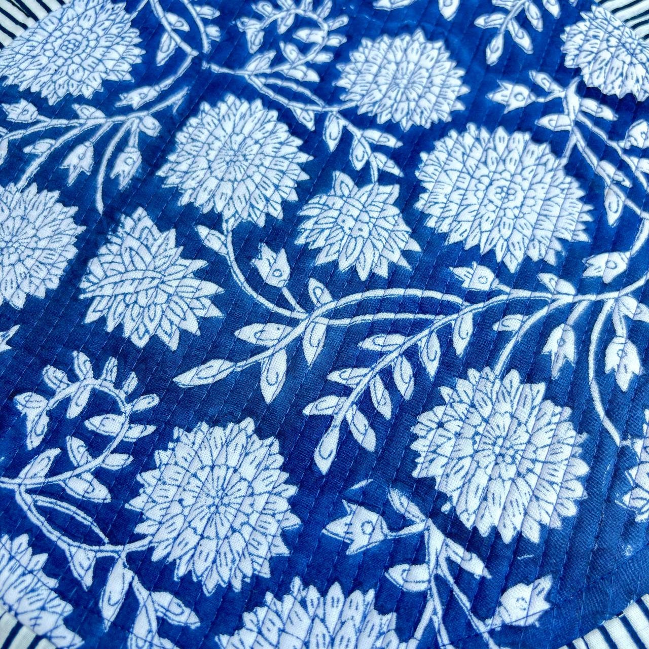 Handcrafted Royal Blue Floral Quilted Placemat & Napkin Set
