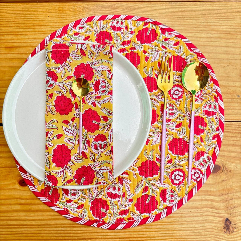 Floral Quilted Placemats & Napkins Set: Mustard Yellow Indian Craft (15x15 inches)