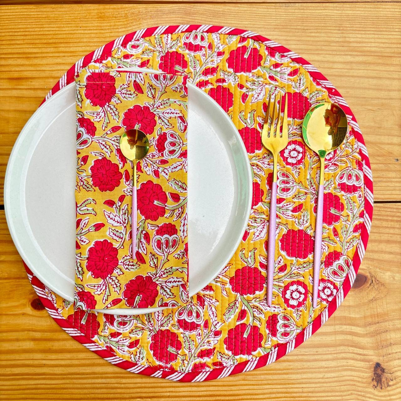 Floral Quilted Placemats & Napkins Set: Mustard Yellow Indian Craft (15x15 inches)