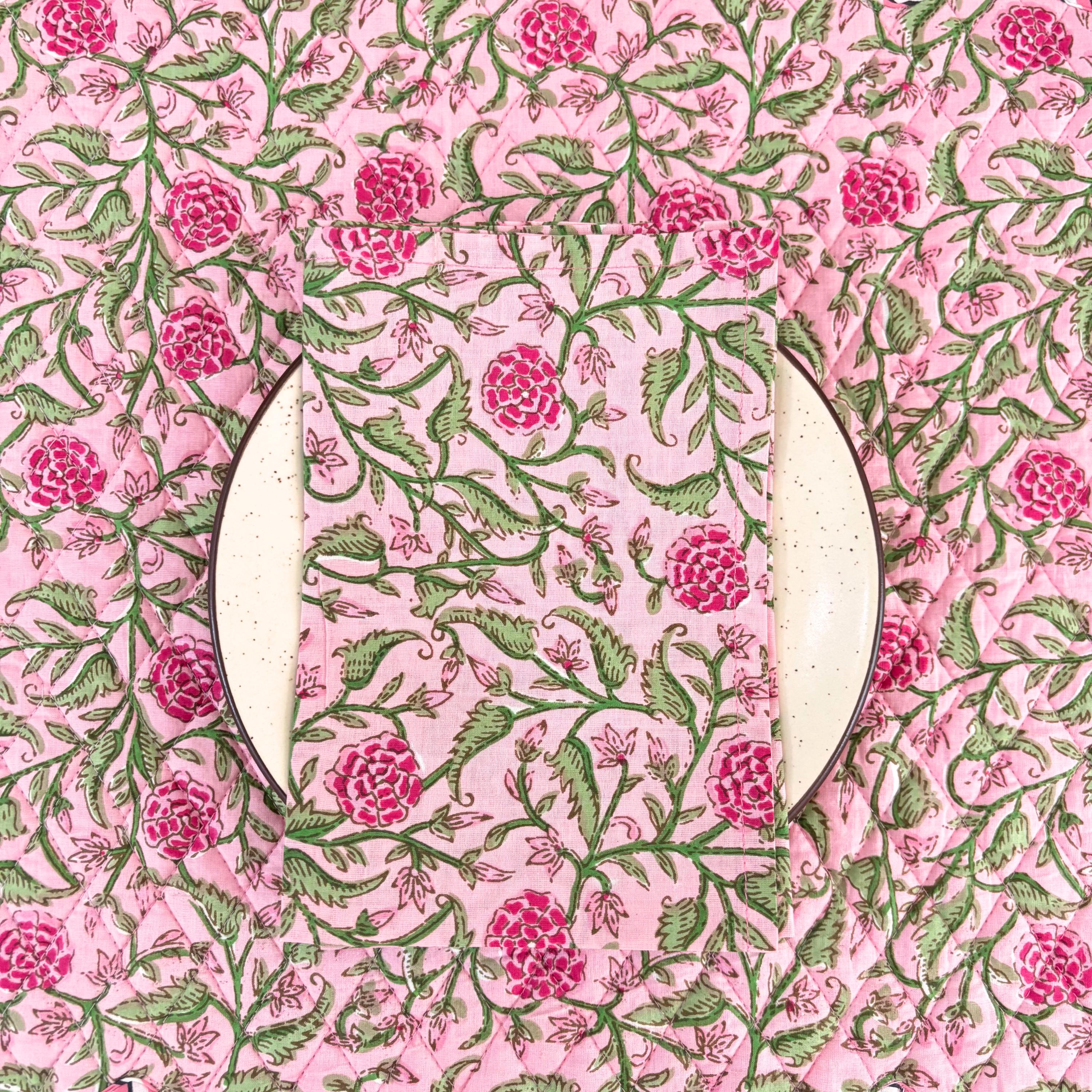 Cotton quilted mats hand block printed Rose Pink Floral 14x20 Inch Reversible 100% Cotton, Washable, Soft & Absorbent, Perfect for Wedding