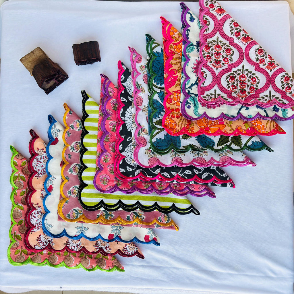 Hand Block Print Scallop Napkins: Floral Cotton Dinner Napkins