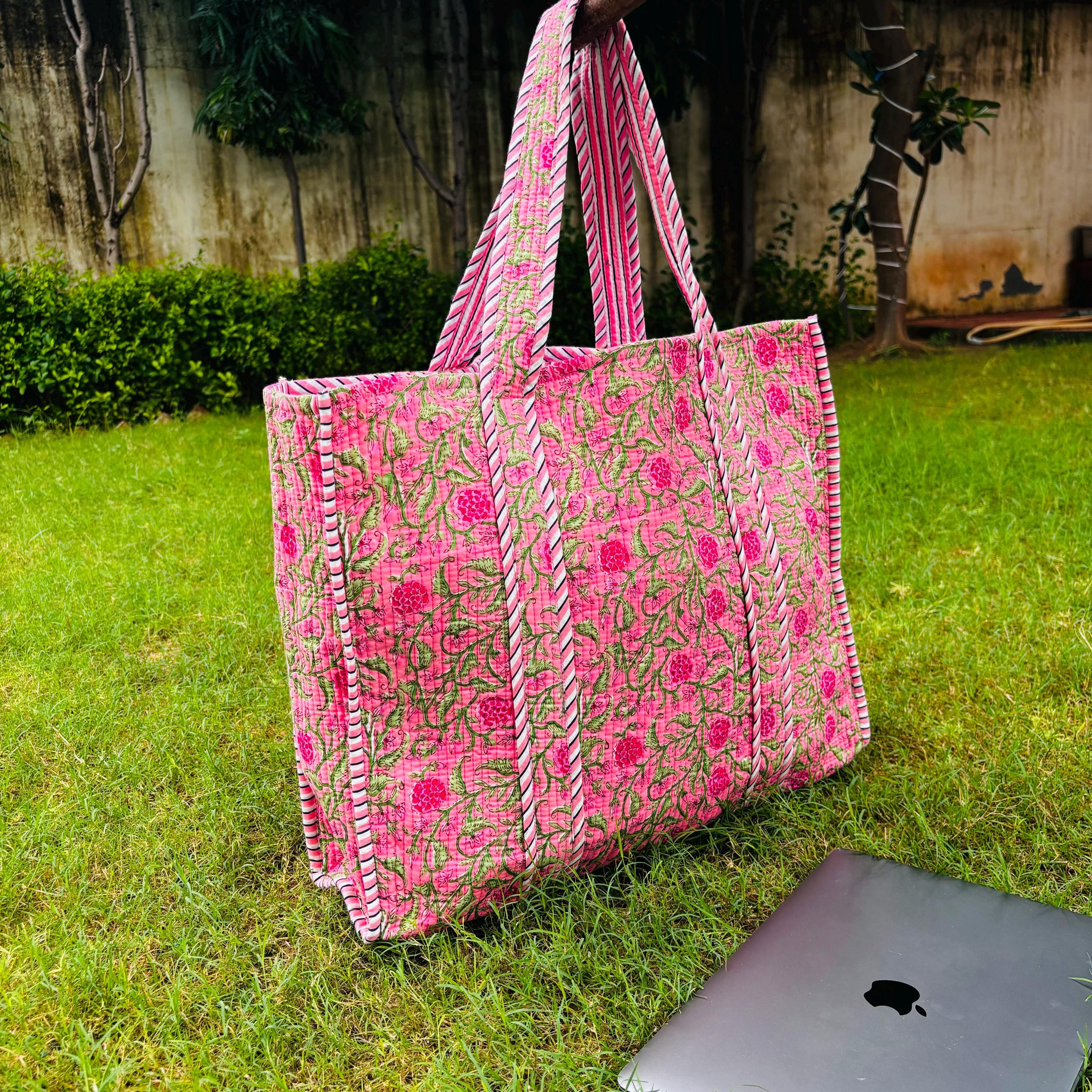 Multicolor Quilted Cotton Tote Bag: Handblock Print, Travel Friendly