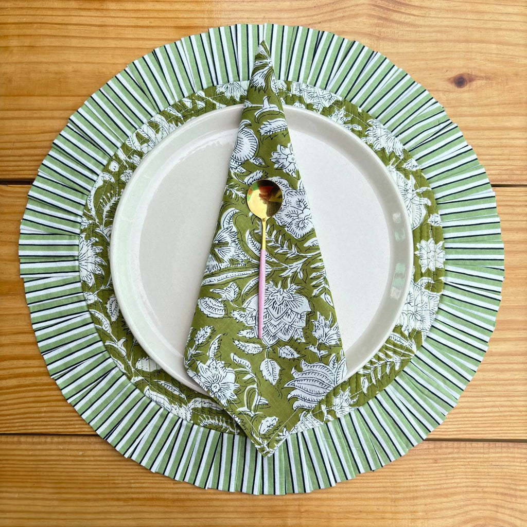 Floral Quilted Round Placemats with Napkins: Parrot Green Cotton Set