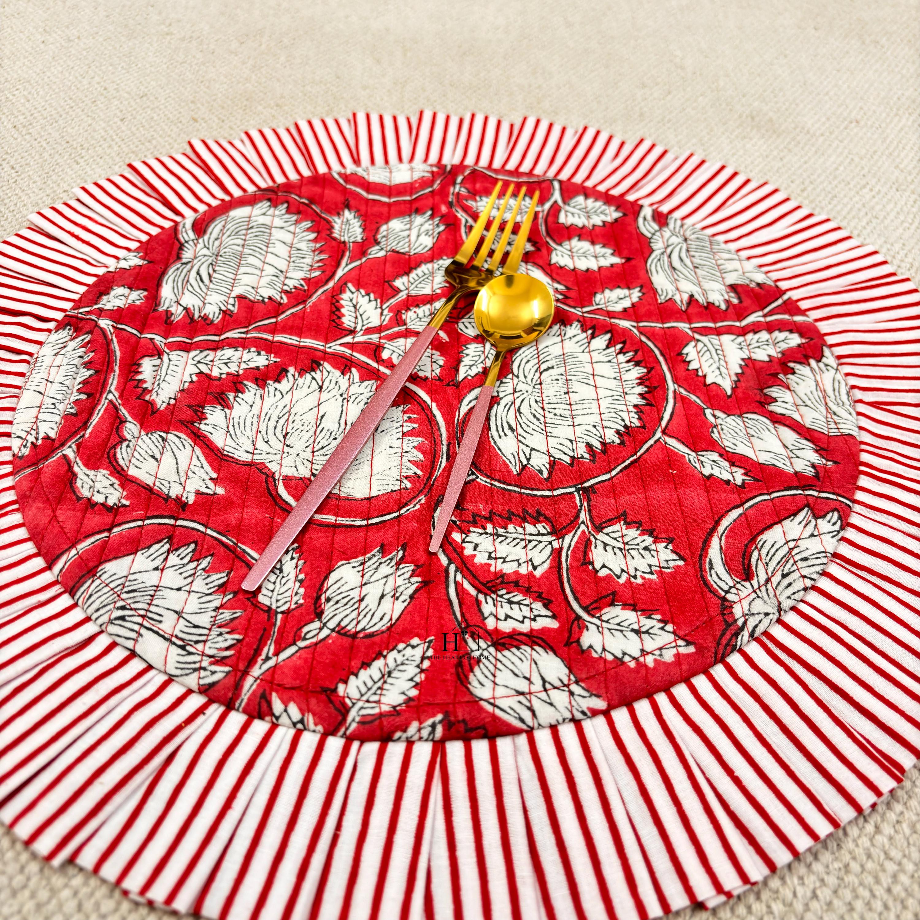 Red Floral Quilted Placemat & Napkin Set: 100% Cotton, Handmade