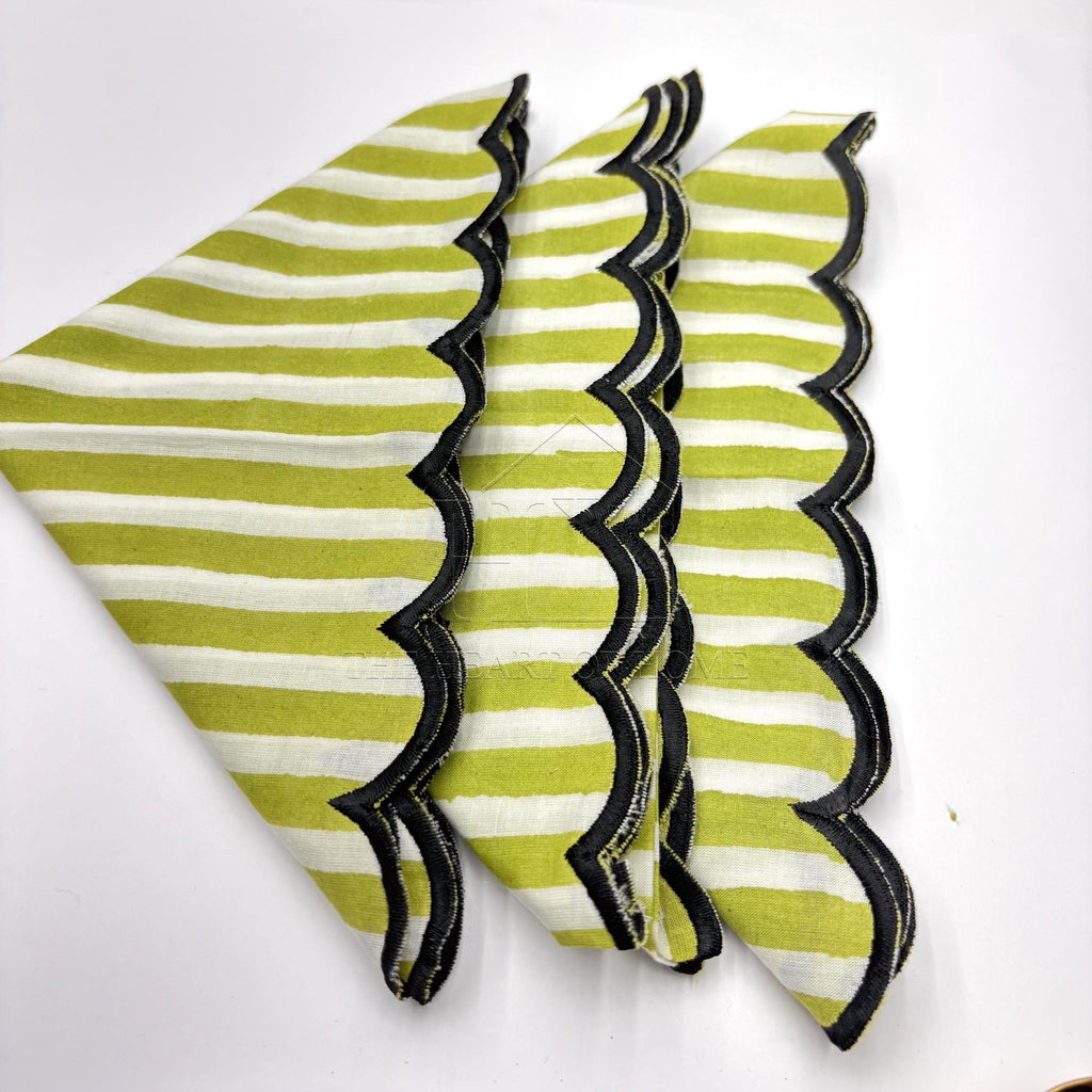 Hand Block Printed Stripe Napkins: Embroidered Scallop Edge, Sustainable Cotton