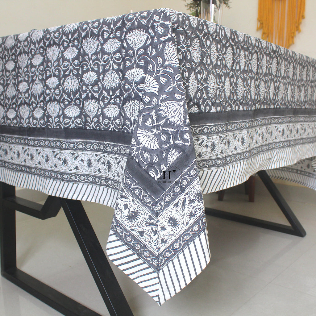 Black Floral Block Print Cotton Tablecloth - Waterproof Rustic Dining Cover