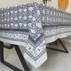 Black Floral Block Print Cotton Tablecloth - Waterproof Rustic Dining Cover