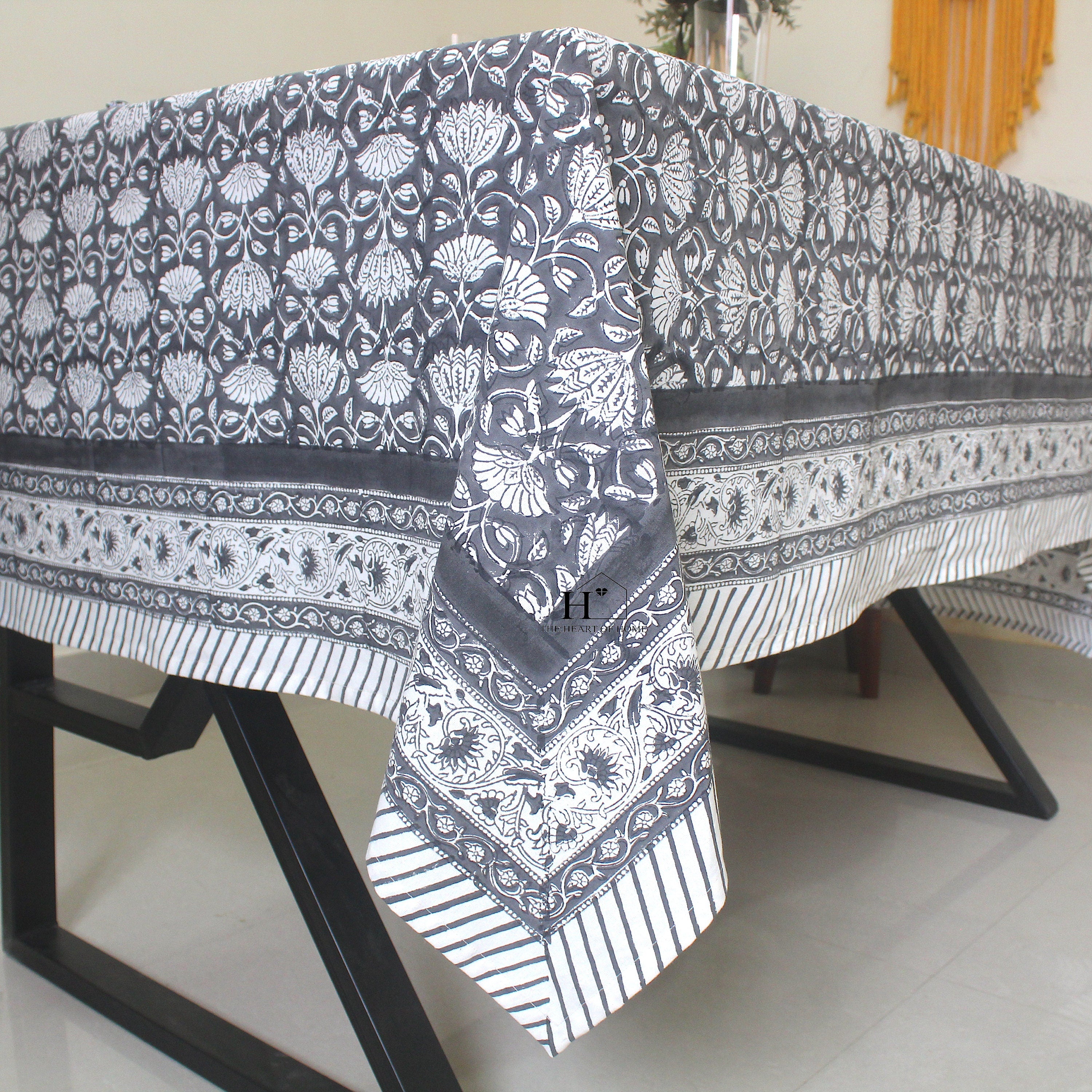 Black Floral Block Print Cotton Tablecloth - Waterproof Rustic Dining Cover