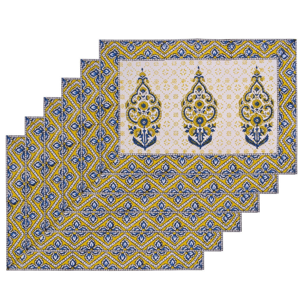Hand Block Printed Placemats and Napkins: Mustard Floral Cotton Dining Set