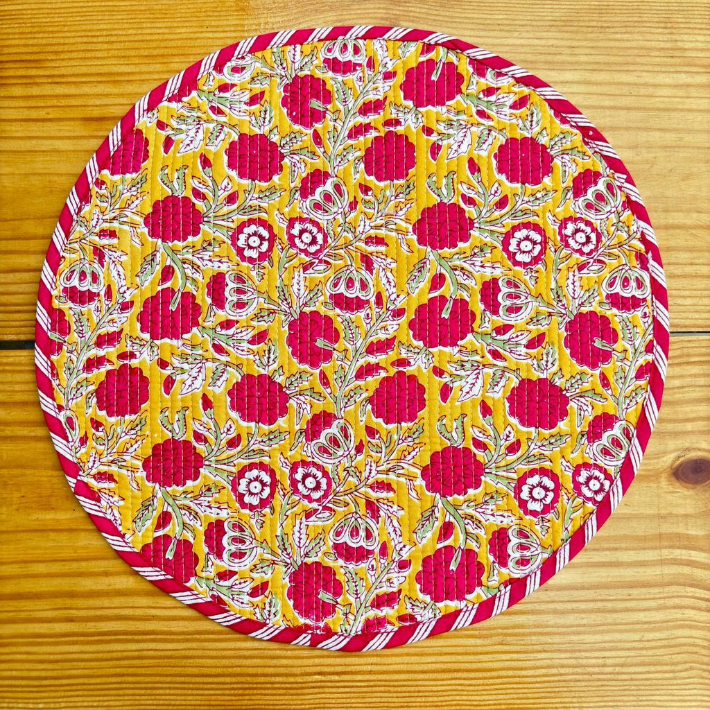 Floral Quilted Placemats & Napkins Set: Mustard Yellow Indian Craft (15x15 inches)