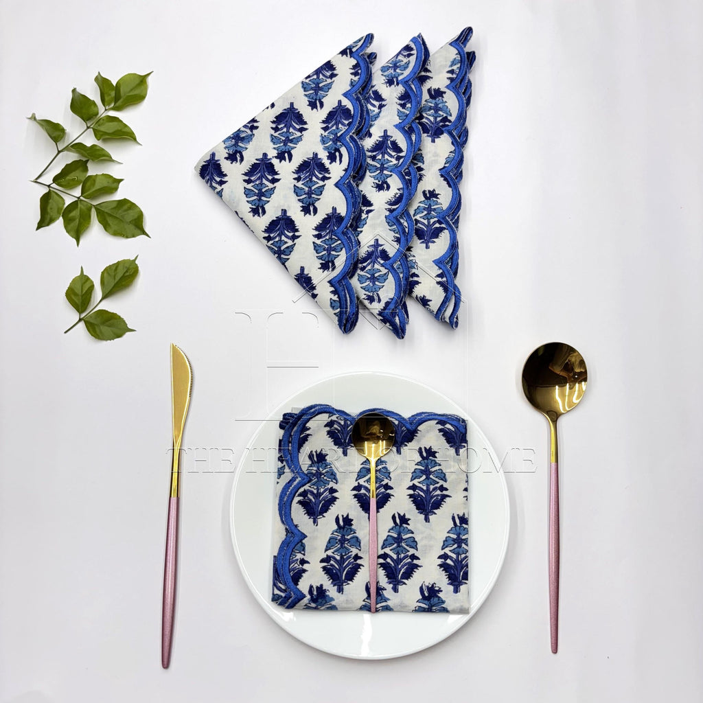 Hand Block Printed Cotton Napkins: Blue Scallop Edge, Sustainable Table Decor