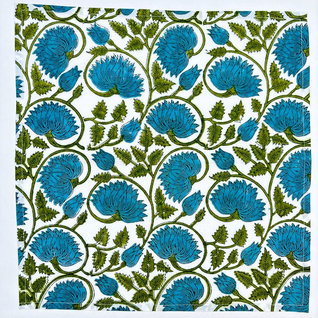 Hand Block Printed Cotton Napkins: White & Blue Floral Table Decor