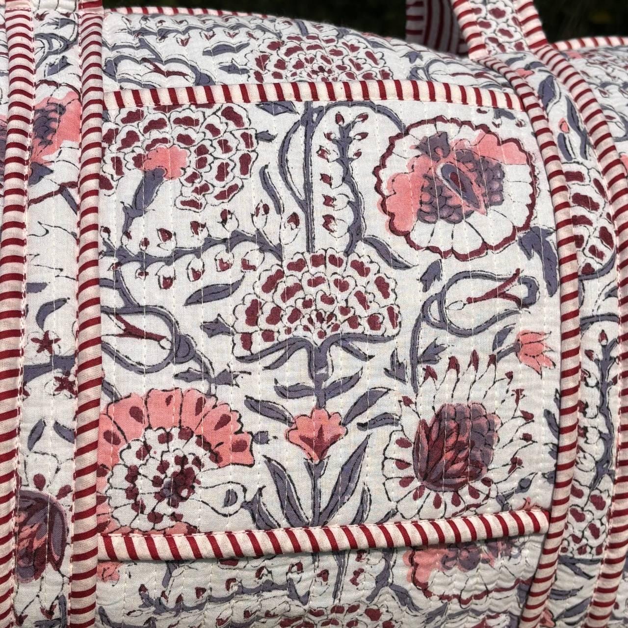 Large white Cotton Quilted Duffle Bags Block print Gifts Handmade Colorful Travel night Travel Gym Yoga Luggage pocket 18x9x9 inches