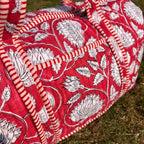 Large Bright Red Cotton Quilted Duffle Bags Block print Gifts Handmade Colorful Travel night Travel Gym Yoga Luggage pocket 18x9x9 inches