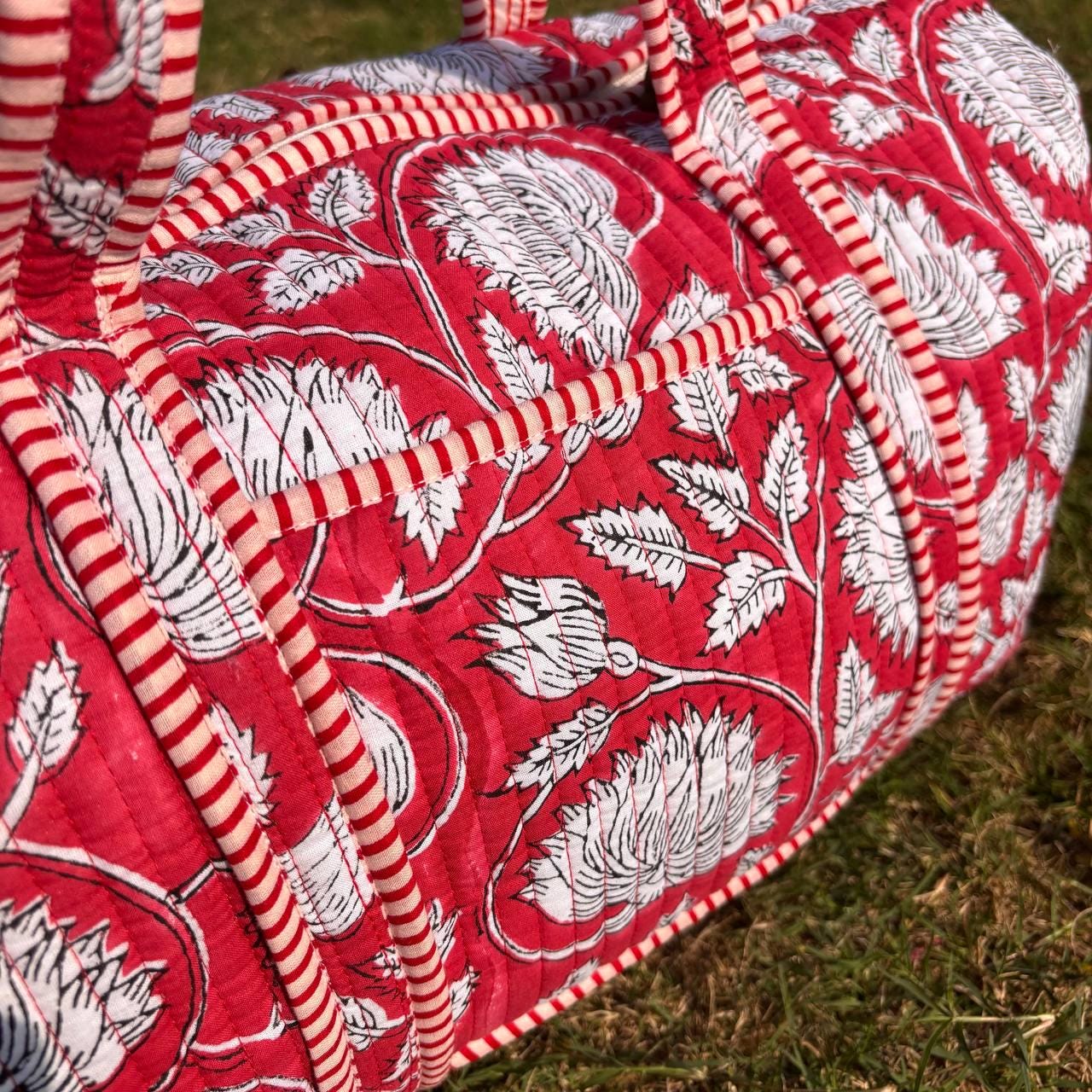 Large Bright Red Cotton Quilted Duffle Bags Block print Gifts Handmade Colorful Travel night Travel Gym Yoga Luggage pocket 18x9x9 inches