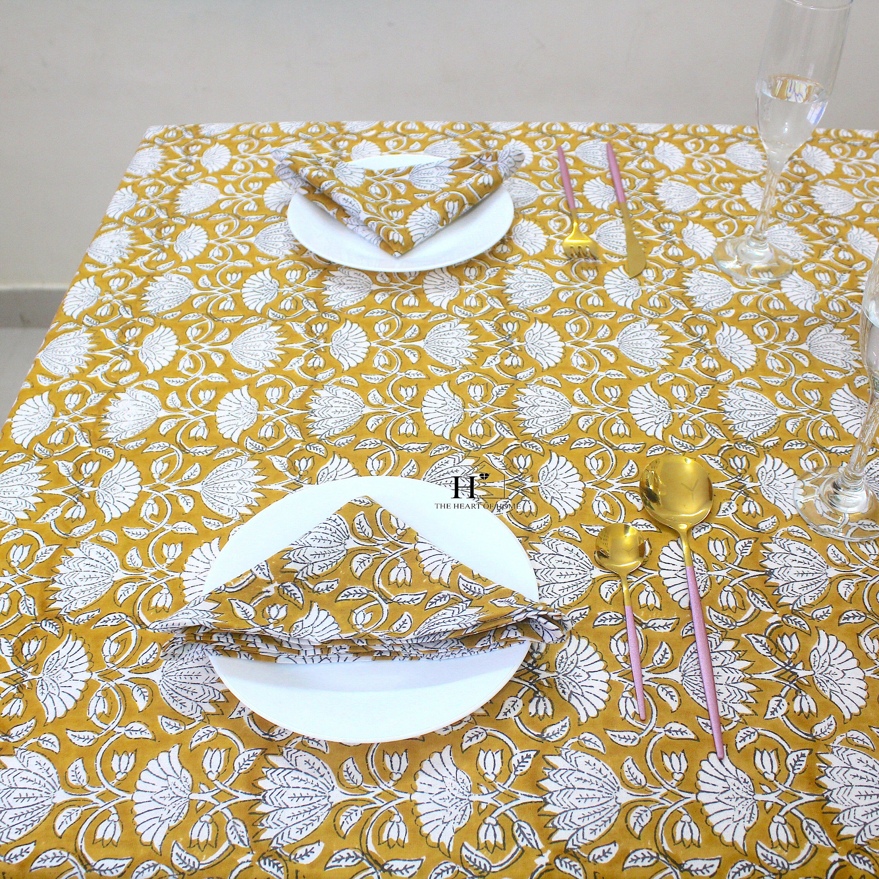 Mustard Floral Tablecloth: Hand-Block Printed Cotton, Waterproof Rustic Cover