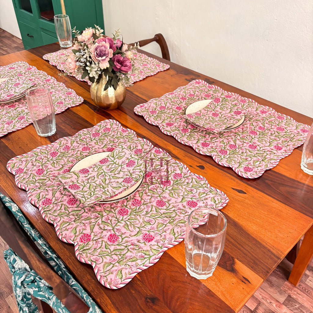 Cotton quilted mats hand block printed Rose Pink Floral 14x20 Inch Reversible 100% Cotton, Washable, Soft & Absorbent, Perfect for Wedding