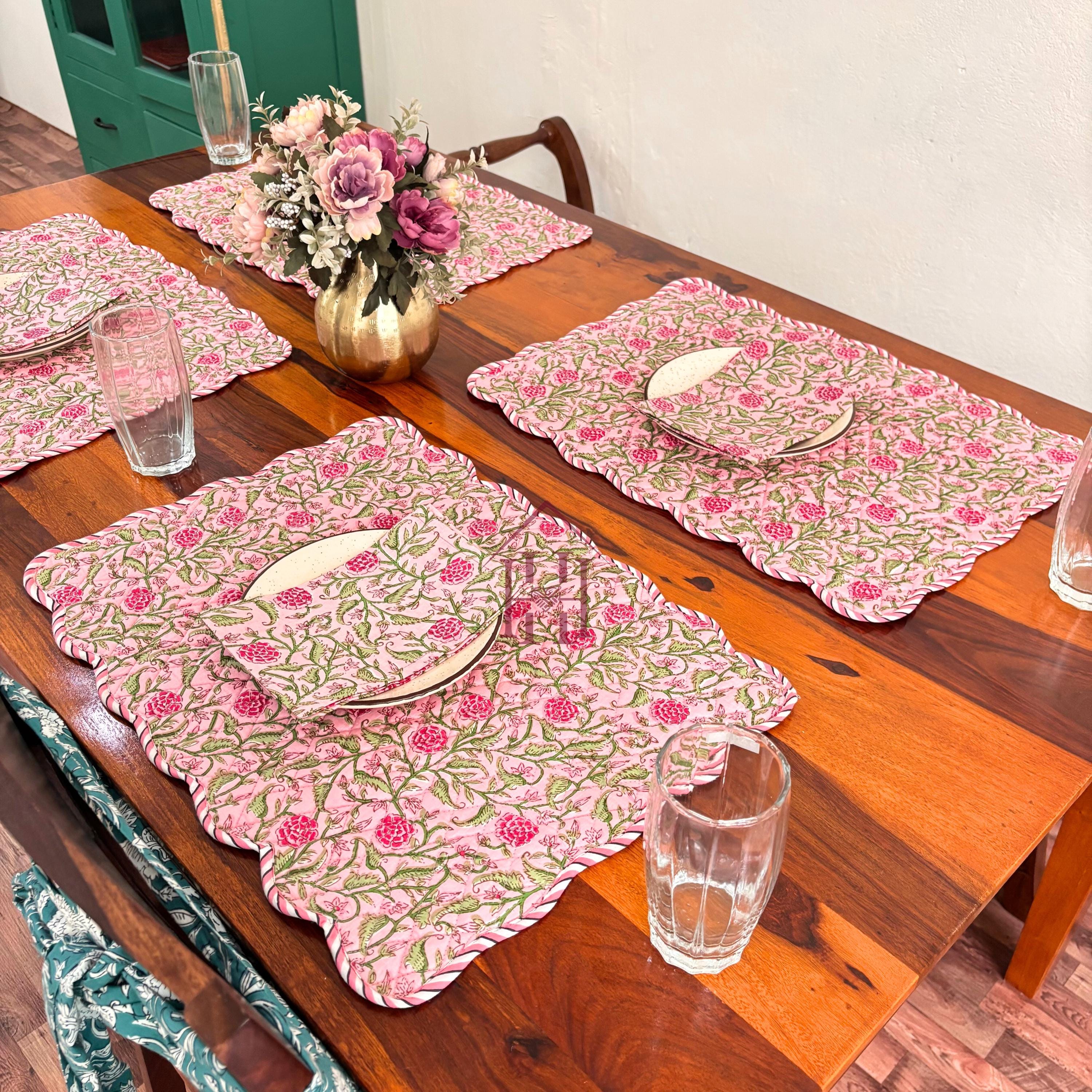 Cotton quilted mats hand block printed Rose Pink Floral 14x20 Inch Reversible 100% Cotton, Washable, Soft & Absorbent, Perfect for Wedding