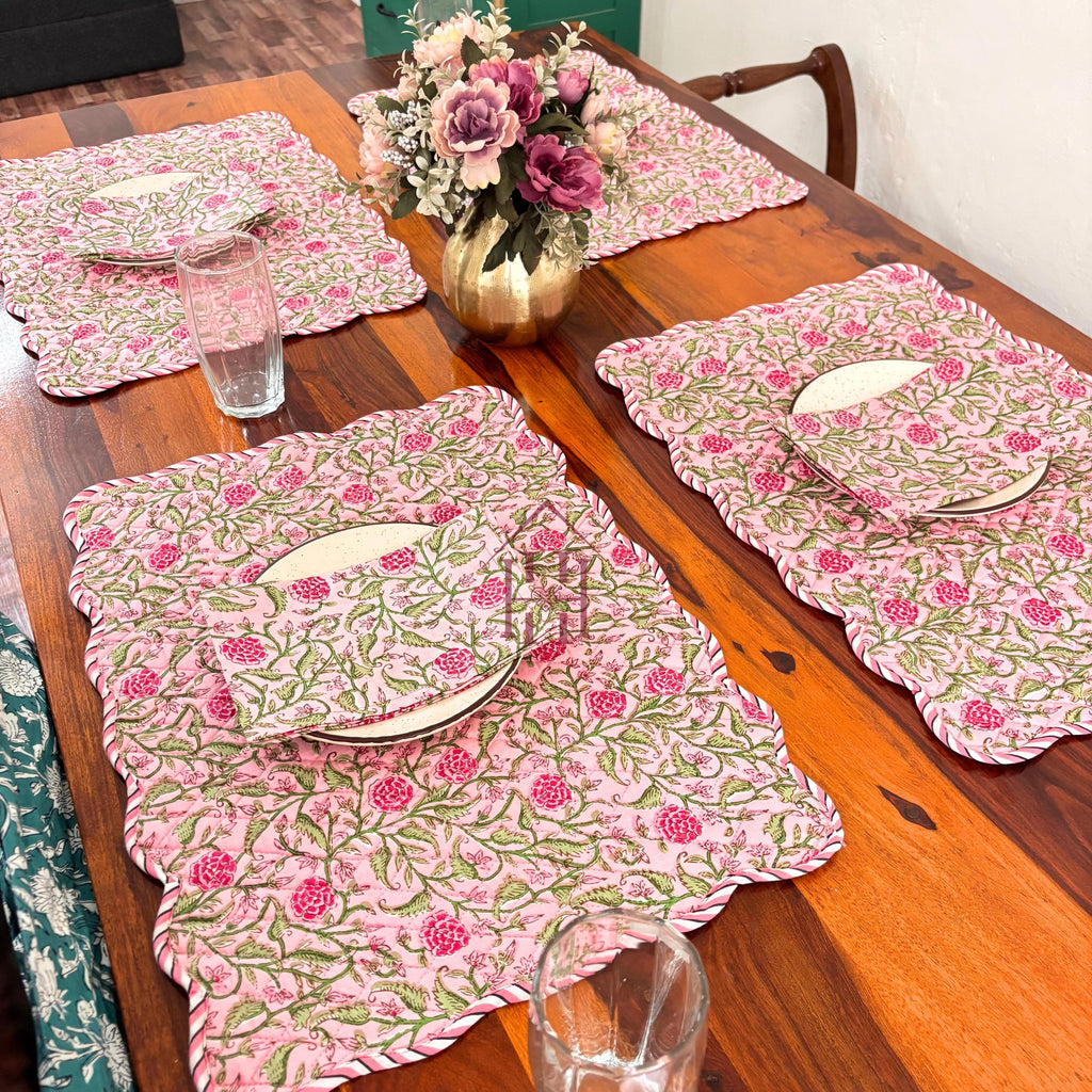 Cotton quilted mats hand block printed Rose Pink Floral 14x20 Inch Reversible 100% Cotton, Washable, Soft & Absorbent, Perfect for Wedding