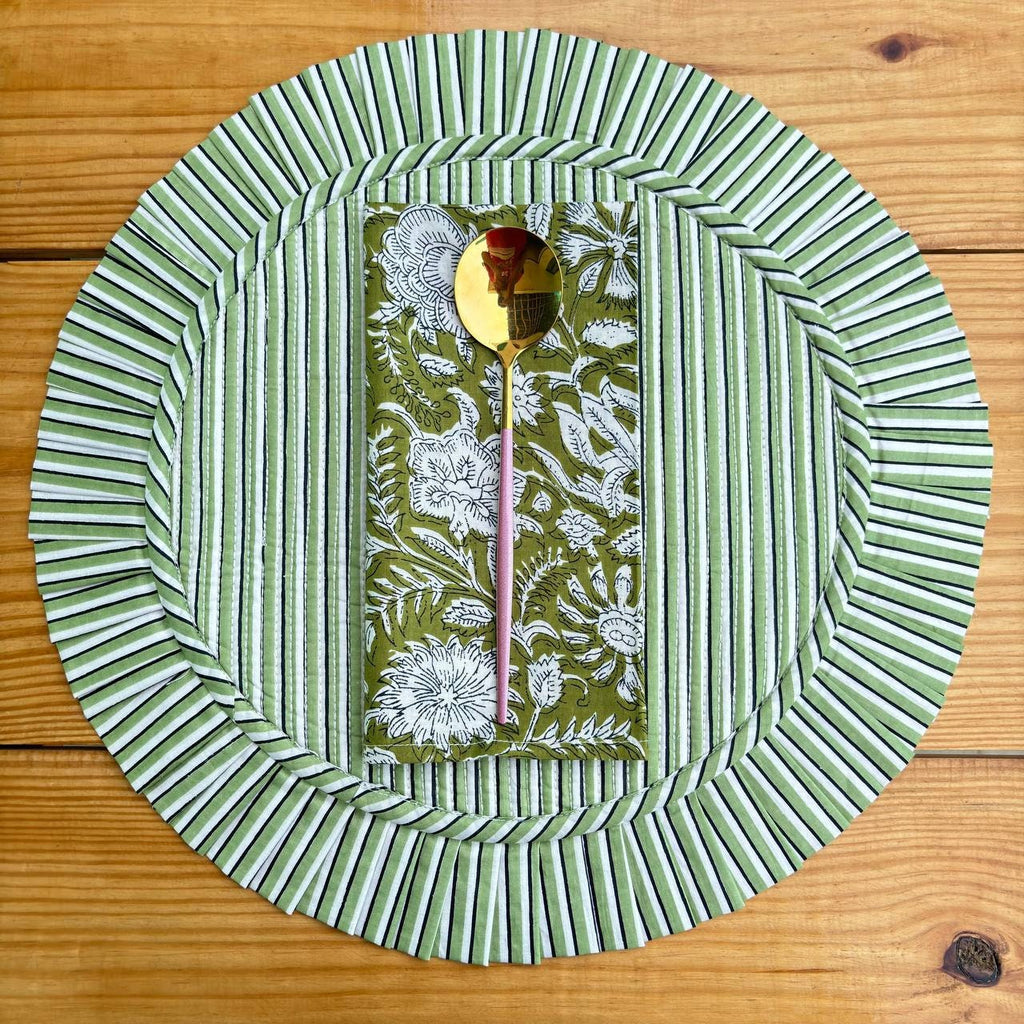 Floral Quilted Round Placemats with Napkins: Parrot Green Cotton Set