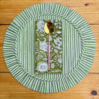 Floral Quilted Round Placemats with Napkins: Parrot Green Cotton Set