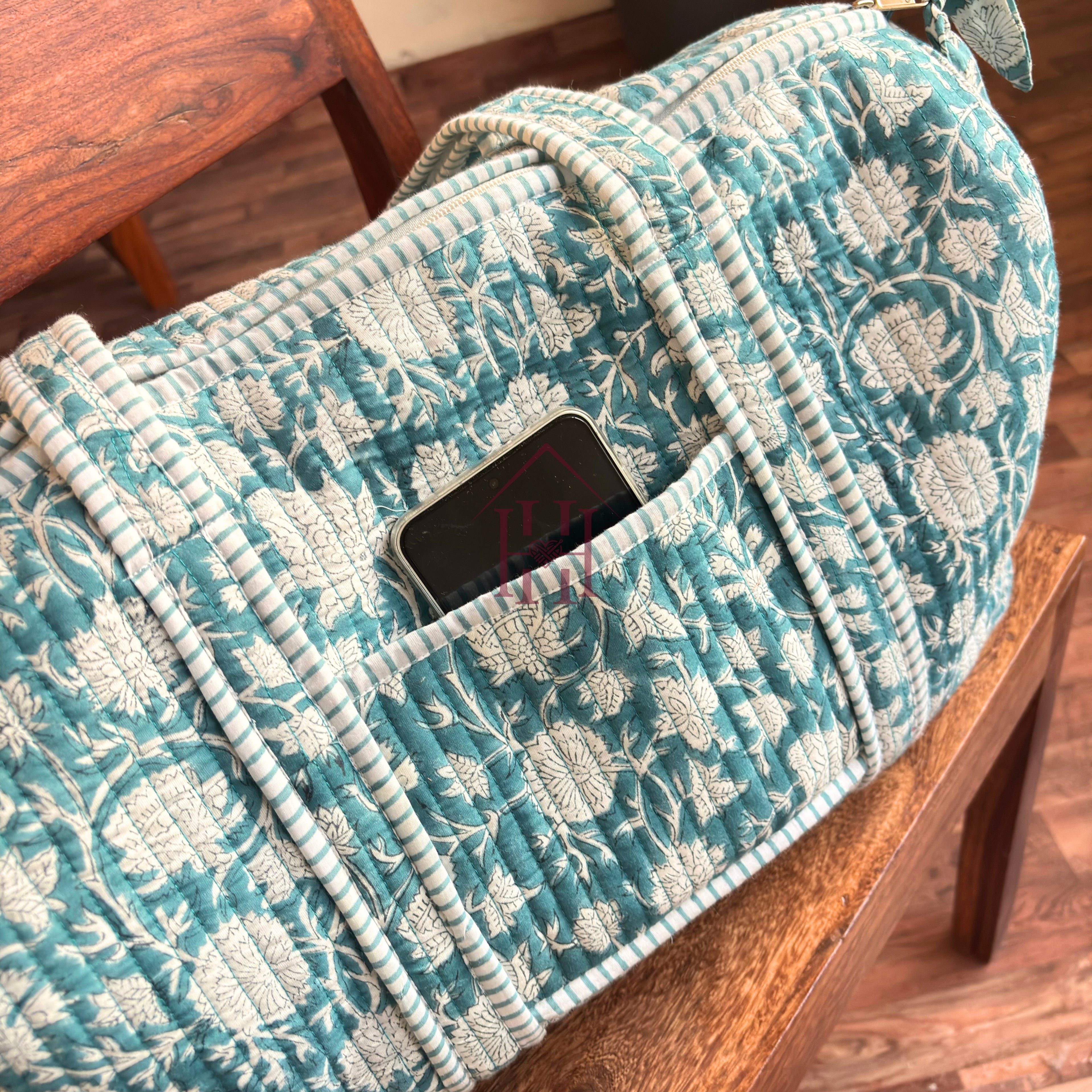 Large sea blue Cotton Quilted Duffle Bags Block print Gifts Handmade Colorful Travel night Travel Gym Yoga Luggage pocket 18x9x9 inch