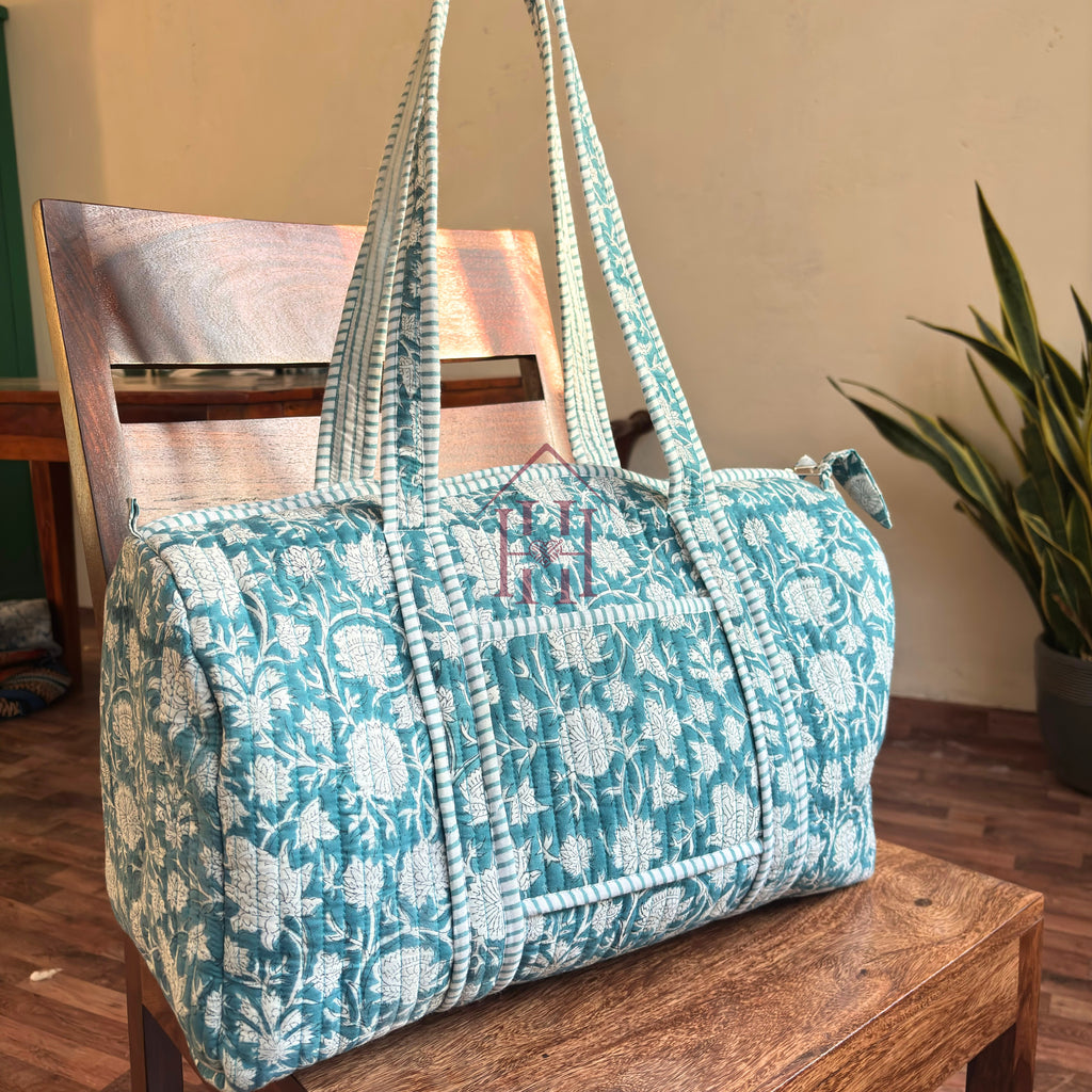 Large sea blue Cotton Quilted Duffle Bags Block print Gifts Handmade Colorful Travel night Travel Gym Yoga Luggage pocket 18x9x9 inch