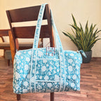 Large sea blue Cotton Quilted Duffle Bags Block print Gifts Handmade Colorful Travel night Travel Gym Yoga Luggage pocket 18x9x9 inch