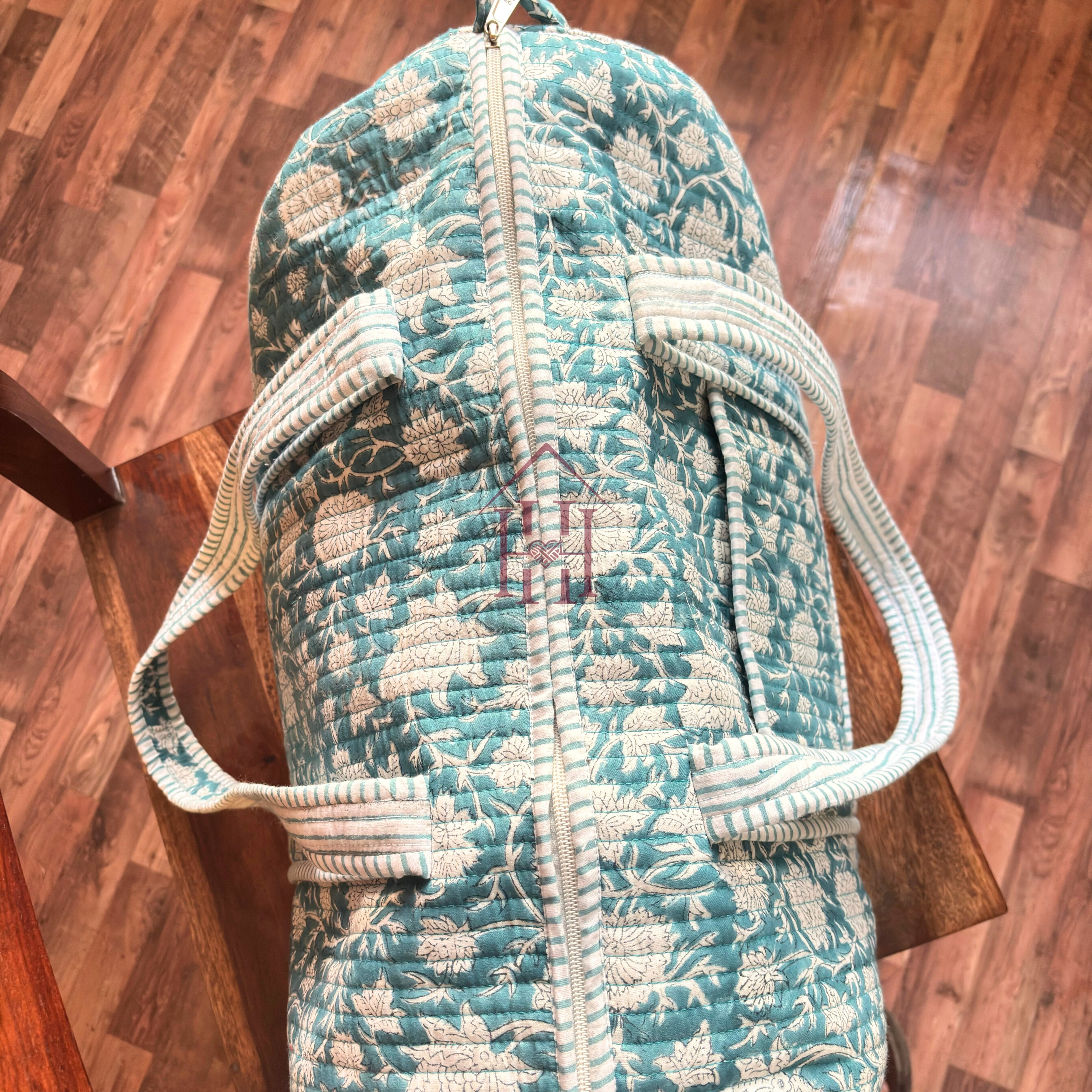 Large sea blue Cotton Quilted Duffle Bags Block print Gifts Handmade Colorful Travel night Travel Gym Yoga Luggage pocket 18x9x9 inch