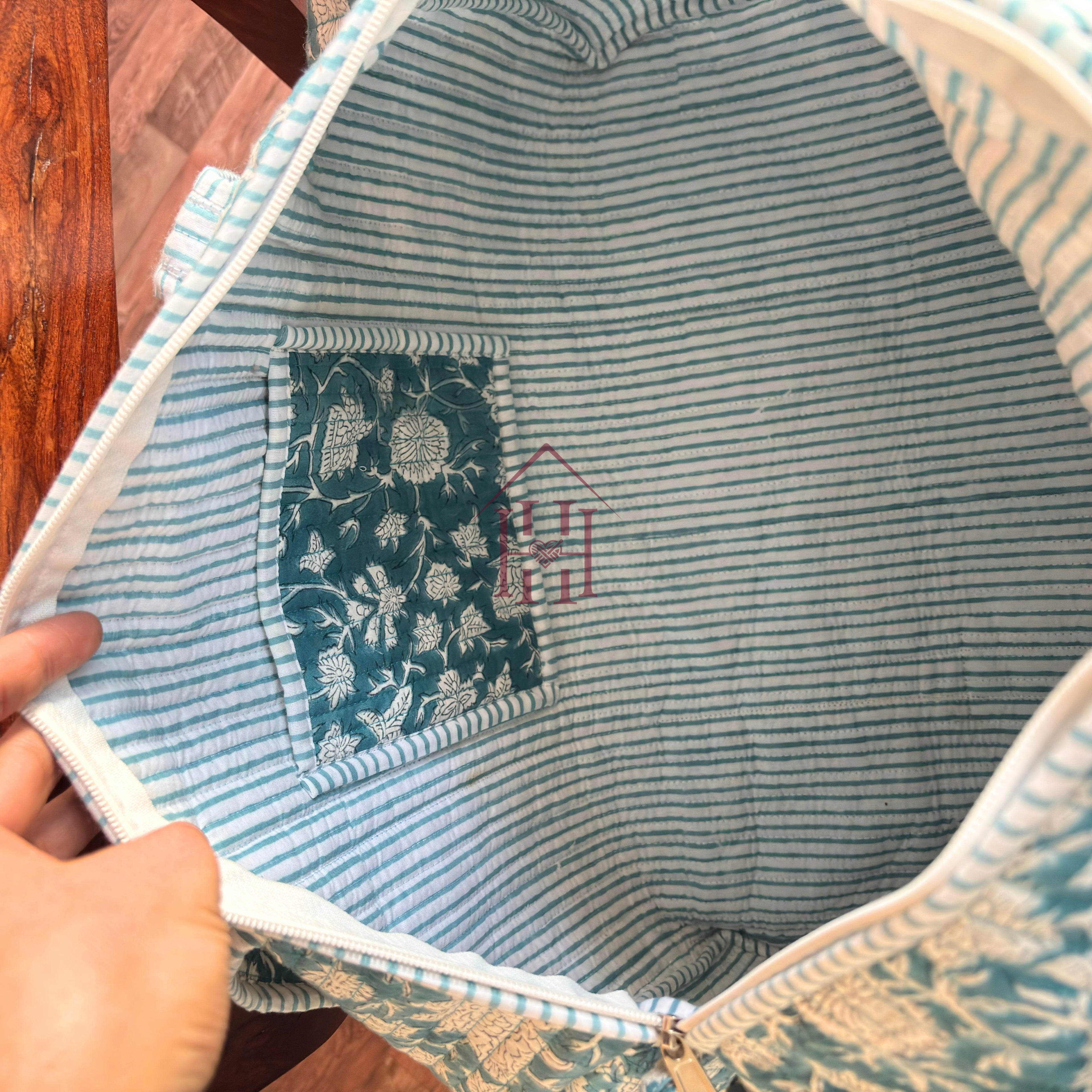 Large sea blue Cotton Quilted Duffle Bags Block print Gifts Handmade Colorful Travel night Travel Gym Yoga Luggage pocket 18x9x9 inch