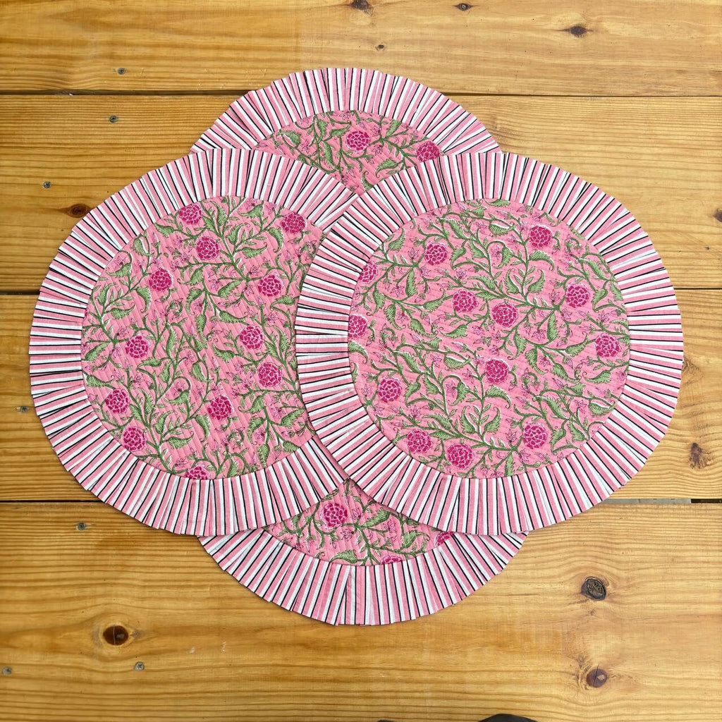 Floral Quilted Round Placemats with Napkins: Rose Pink Cotton Set