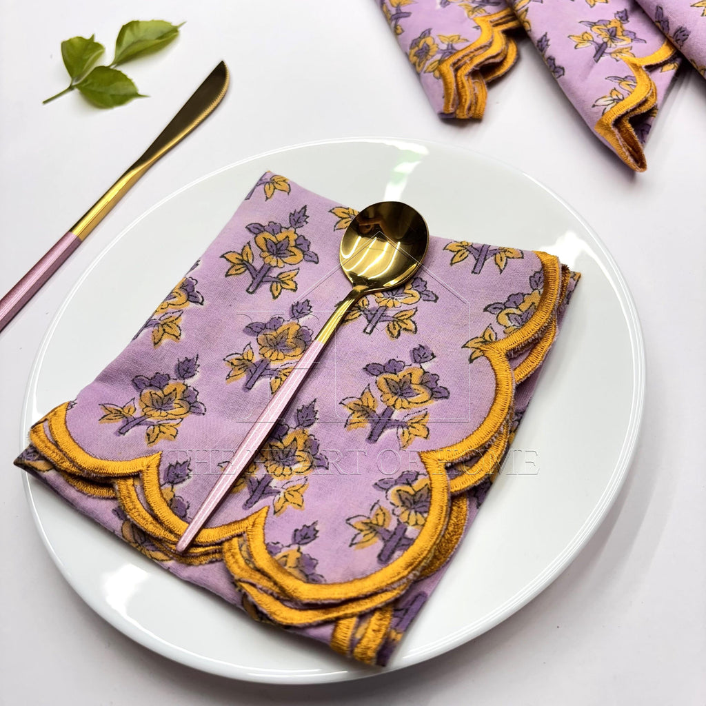 Lavender yellow scallop cotton Embroidery Napkins for table decoration and christmas gift | Reusable Floral Table Linen