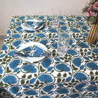 Blue Floral Block Print Cotton Tablecloth: Rustic Farmhouse Dining