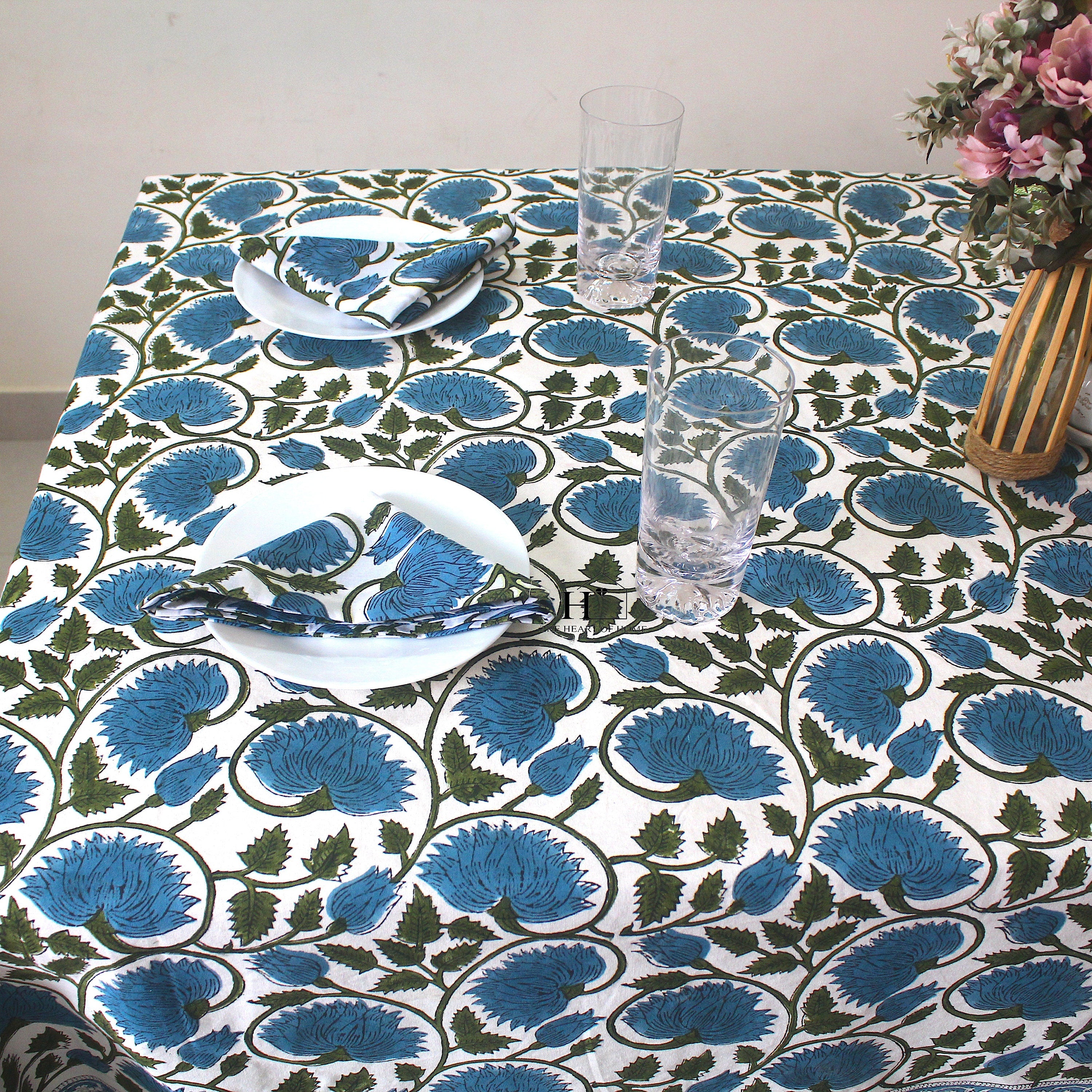 Blue Floral Block Print Cotton Tablecloth: Rustic Farmhouse Dining