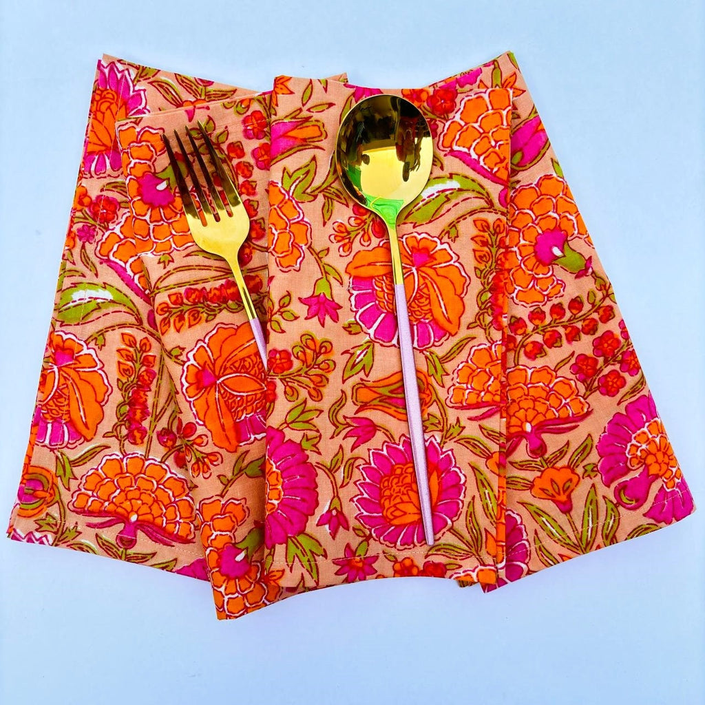 Hand Block Printed Orange Floral Napkins: Fall Table Decor