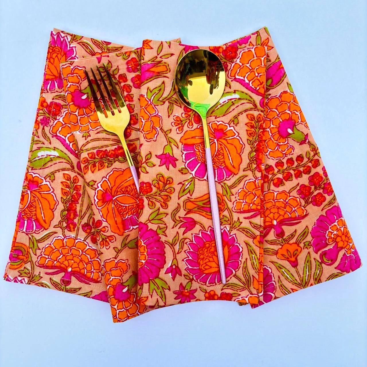 Hand Block Printed Orange Floral Napkins: Fall Table Decor