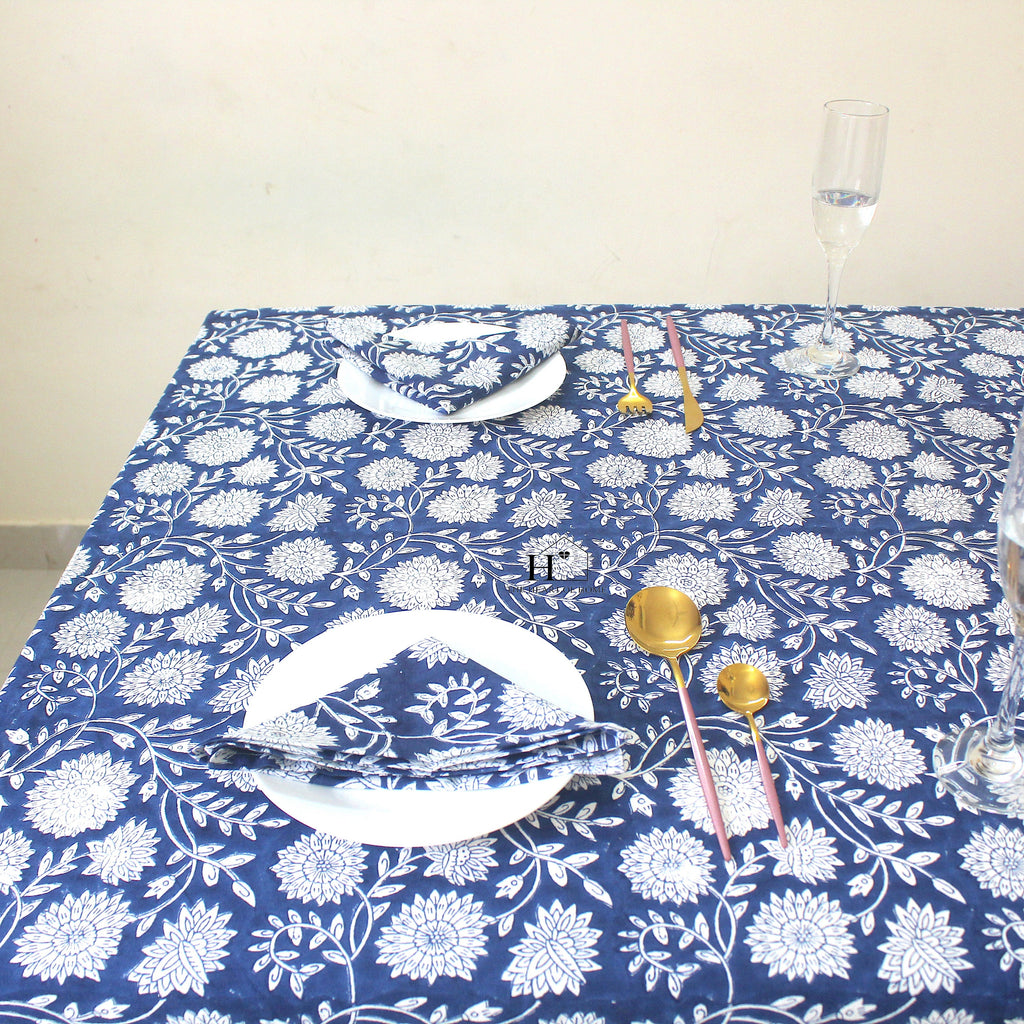 Blue Floral Block Print Cotton Tablecloth: Vibrant Home & Event Decor