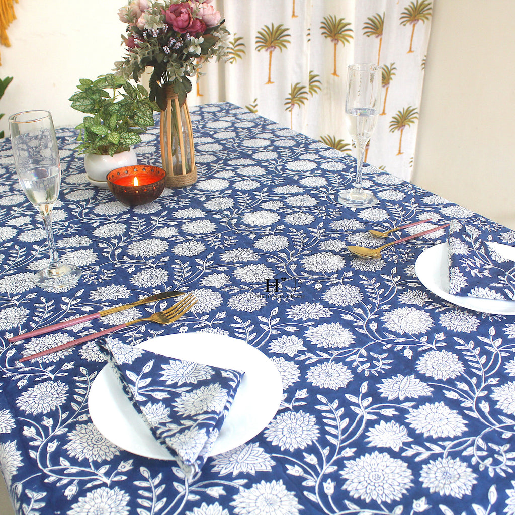 Blue Floral Block Print Cotton Tablecloth: Vibrant Home & Event Decor
